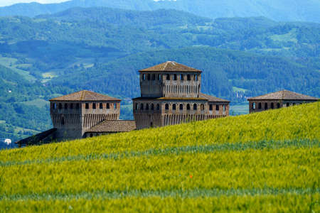 Exterior of the medieval castle of Torrechiara, Parma province, Emilia-Romagna, Italy, at springtime