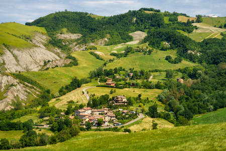 Country landscape along the road from Sassuolo to Serramazzoni, Modena province, Emilia-Romagna,...