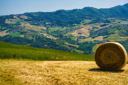 Country landscape near Pavullo nel Frignano, Modena province, Emilia-Romagna, Italy, at springtimeの写真素材