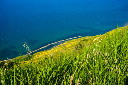 The coast of Adriatico sea between Gabicce Mare and Pesaro, Marche, Italy, at springtimeの写真素材