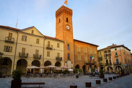 Nizza Monferrato, Asti province, Piedmont, Italy: Piazza Martiri di Alessandria, the main square of the town, at eveningのeditorial素材