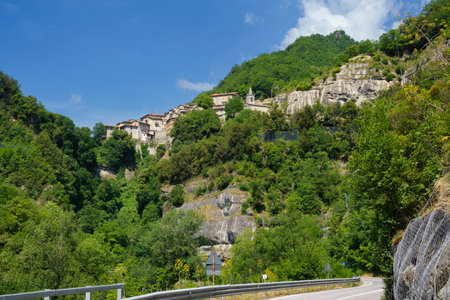 Landscape along the old Salaria road in the Ascoli Piceno province, Marche, Italy, at springtime. A villageの写真素材