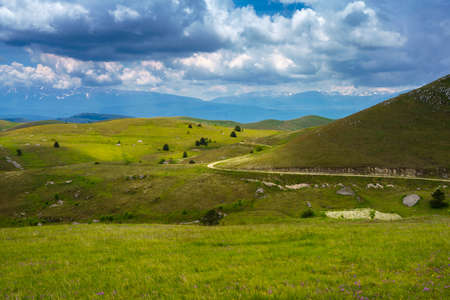 Mountain landscape at Gran Sasso Natural Park, in Abruzzo, Italy, L Aquila province, at springtime (June)の写真素材