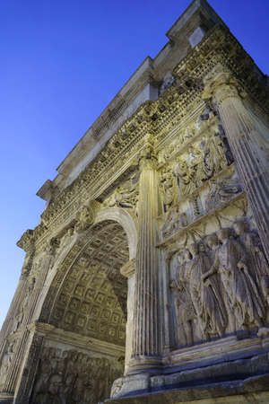 Benevento, Campania, Italy: the Roman Arco di Traiano, historic monument with sculptures, by night
