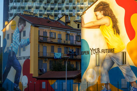 Milan, Lombardy, Italy: old and new buildings with mural paintingのeditorial素材