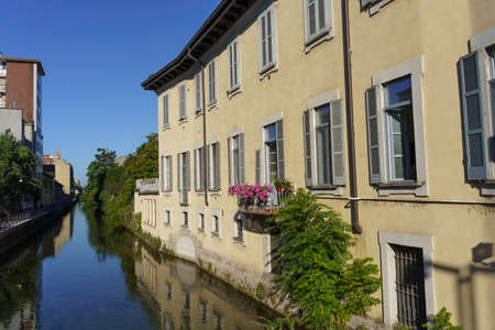 Old buildings on the Martesana canal at Milan, Lombardy, Italyの写真素材