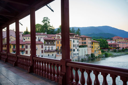 Bassano del Grappa, in the Vicenza province, Veneto, Italy: the famous wooden bridgeの写真素材