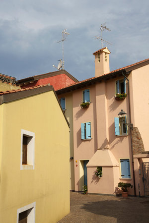Typical colorful houses of Caorle, in Venice province, Veneto, Italy