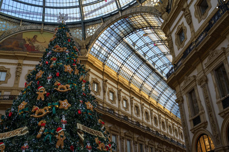Milan, Lombardy, Italy:: Gallery Vittorio Emanuele with Christmas treeの写真素材