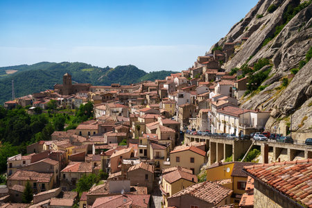 View of Pietrapertosa, historic town in Potenza province, Basilicata, Italyの写真素材