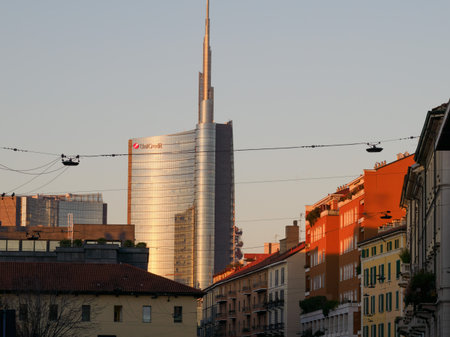 Historic and modern buildings along via San Marco in Milan, Lombardy, Italy