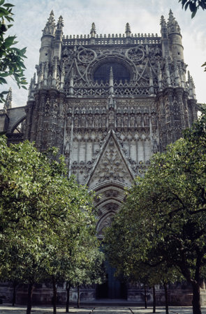 Exterior of the historic cathedral in Sevilla, Andalucia region, Spainの写真素材