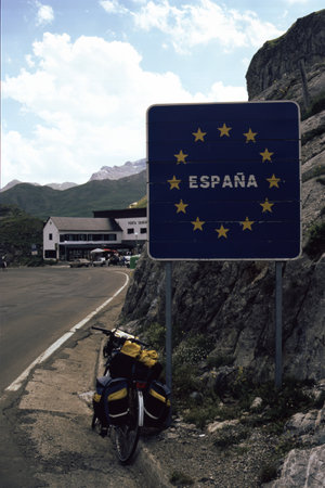 Mountain landscape along the road to Pourtalet pass, Hautes-Pyrenees, France - Spain and a bicycleの写真素材