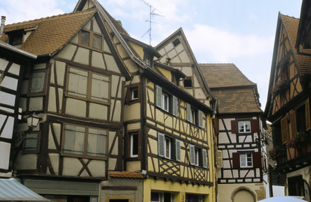 Colmar, Alsace, Grand Est region, France: exterior of typical half-timbered housesの写真素材