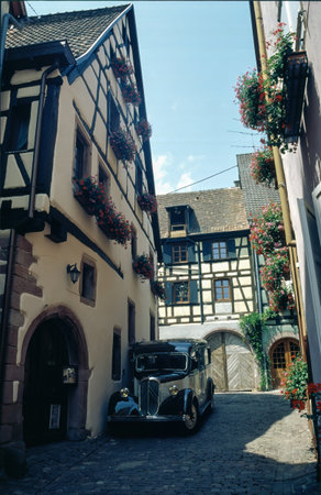 Riquewihr, Alsace, Grand Est region, France: exterior of typical half-timbered housesの写真素材
