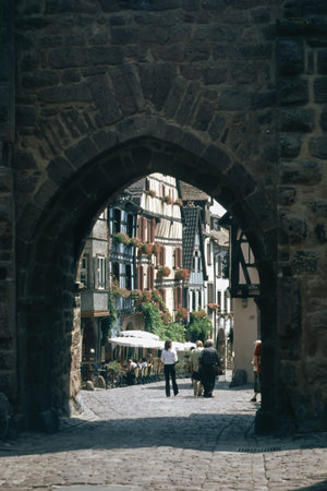 Riquewihr, Alsace, Grand Est region, France: exterior of typical half-timbered housesの写真素材
