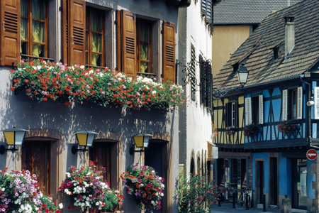Ribeauville, Alsace, Grand Est region, France: exterior of typical half-timbered housesの写真素材