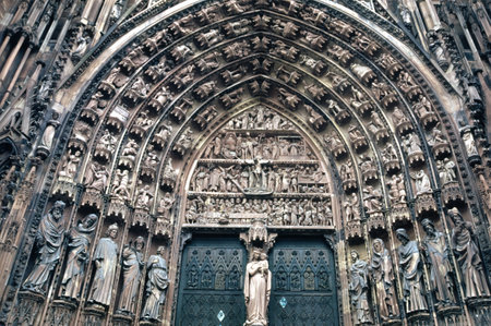 Strasbourg, Alsace, Grand Est, France: historic city in the Bas-Rhin. Facade of the cathedralの写真素材
