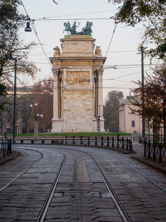 The historic arch known as Arco della Pace in Milan, Lombardy, Italyの写真素材