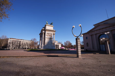 The historic arch known as Arco della Pace in Milan, Lombardy, Italyの写真素材