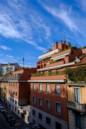 Residential buildings along via Piero della Francesca in Milan, Lombardy, Italyの写真素材