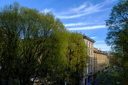 Residential buildings along via Piero della Francesca in Milan, Lombardy, Italyの写真素材