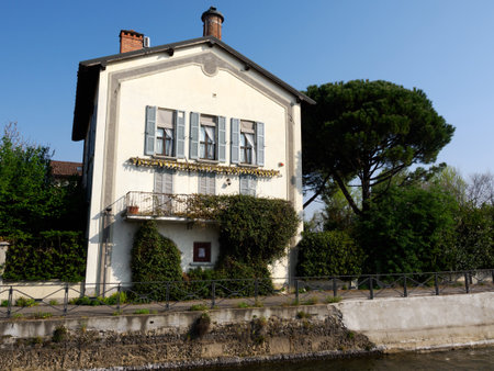 Old buildings along the Martesana canal at Bellinzago, Milan province, Lombardy, Italyの写真素材