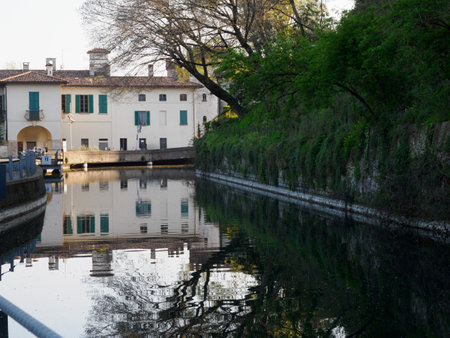 Old buildings along the Martesana canal at Vaprio, Milan, Lombardy, Italyの写真素材