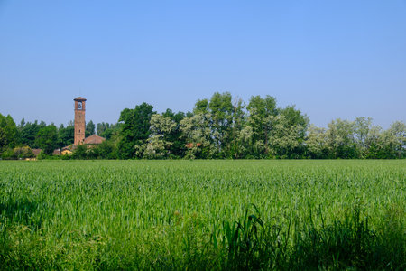 Mirazzano, Milan province, Lombardy, Italy, with the Santi Cosma e Damiano churchの写真素材