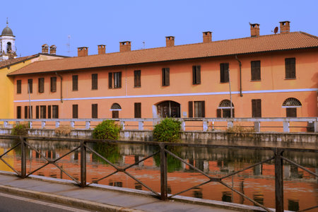 Gaggiano, historic town along the Naviglio Grande, Milan, Lombardy, Italy, with colofrul houses along the canalの写真素材