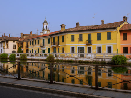 Gaggiano, historic town along the Naviglio Grande, Milan, Lombardy, Italy, with colofrul houses along the canalの写真素材