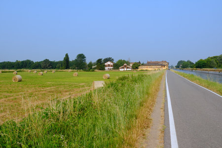 Cycle path along the Naviglio Grande near Gaggiano, Milan, Lombardy, Italy, in Juneの写真素材