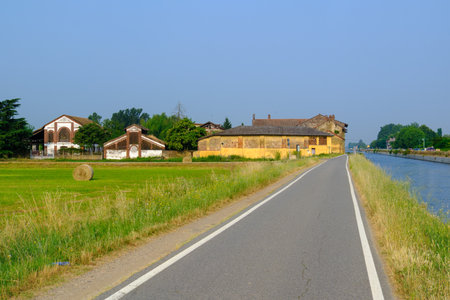 Cycle path along the Naviglio Grande near Gaggiano, Milan, Lombardy, Italy, in Juneの写真素材