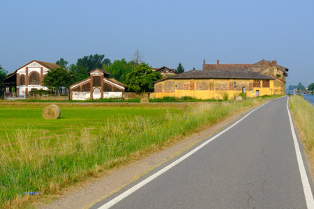 Cycle path along the Naviglio Grande near Gaggiano, Milan, Lombardy, Italy, in Juneの写真素材
