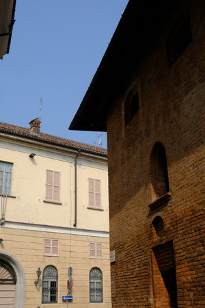 Historic buildings along via Angelo Teotti in Abbiategrasso, Milan, Lombardy, Italyの写真素材