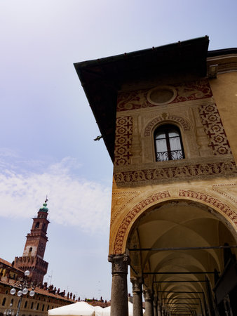 Historic buildings in Piazza Ducale of Vigevano, Pavia, Lombardy, Italyの写真素材