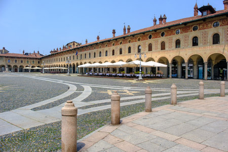 Historic buildings in Piazza Ducale of Vigevano, Pavia, Lombardy, Italyの写真素材