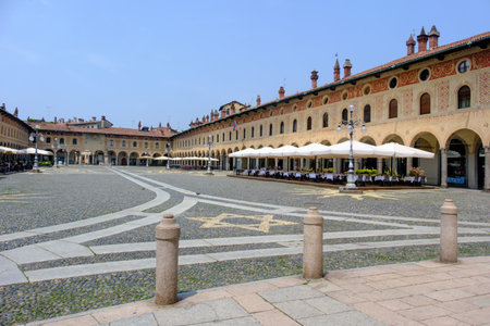 Historic buildings in Piazza Ducale of Vigevano, Pavia, Lombardy, Italyの写真素材
