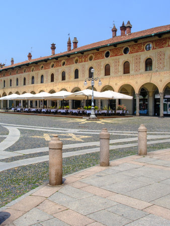 Historic buildings in Piazza Ducale of Vigevano, Pavia, Lombardy, Italyの写真素材