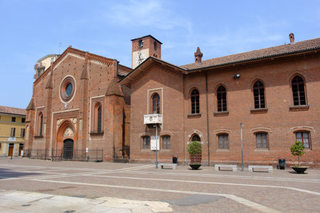 Piazza Monsignor Dughera, the main square of Mortara, Pavia, Lombardy, Italyの写真素材