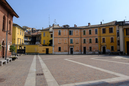 Piazza Monsignor Dughera, the main square of Mortara, Pavia, Lombardy, Italyの写真素材