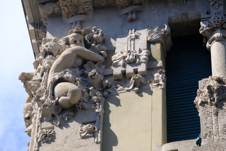 Facade of Casa Campanini, a historic house along Via Vincenzo Bellini in Milan, Lombardy, Italy, built in 1904の写真素材