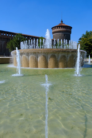 Castello Sforzesco, medieval castle in Milan, Lombardy, Italy, with the fountain known as Torta degli Sposiの写真素材