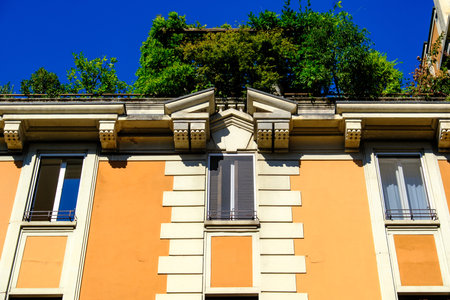 Residential buildings along via Monte Bianco in Milan, Lombardy, Italyの写真素材