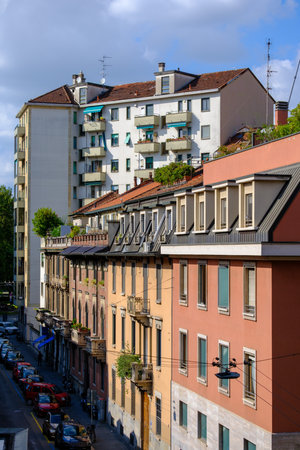 Residential buildings along via Piero della Francesca in Milan, Lombardy, Italyの写真素材