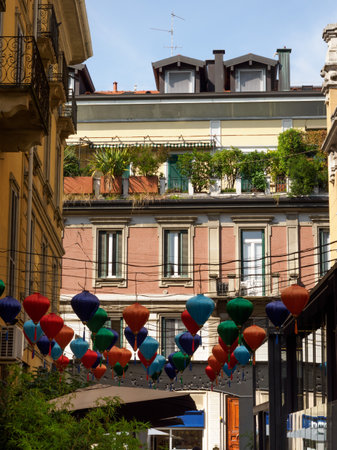 Residential buildings along via Paolo Sarpi in Milan, Lombardy, Italyの写真素材
