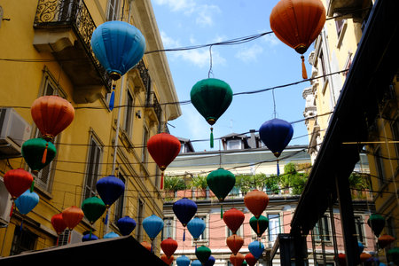Residential buildings along via Paolo Sarpi in Milan, Lombardy, Italyの写真素材