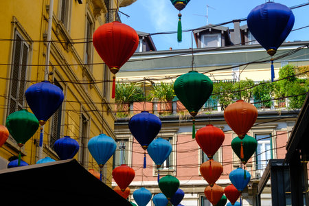 Residential buildings along via Paolo Sarpi in Milan, Lombardy, Italyの写真素材