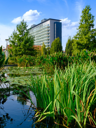 A modern park at Porta Nuova in Milan, Lombardy, Italyの写真素材
