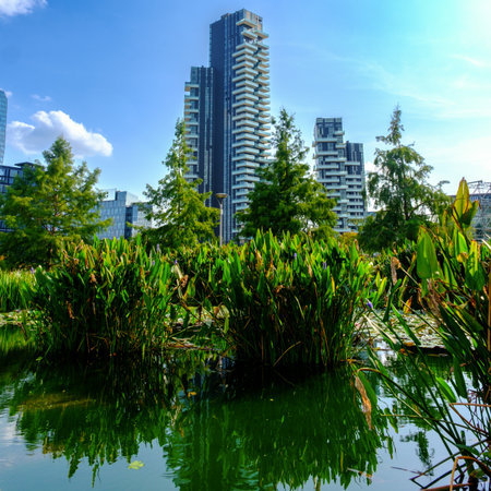 A modern park at Porta Nuova in Milan, Lombardy, Italyの写真素材